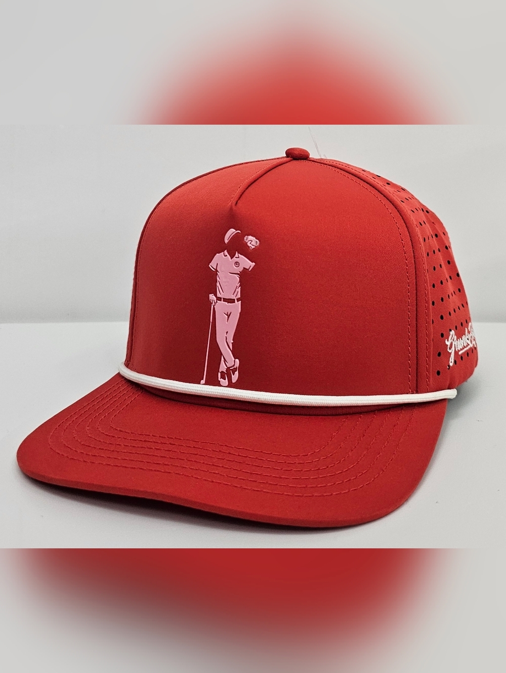 GRUNK DOLFER Golf Hat Red Performance Snapback Rope Cap Laser Cut Breathable